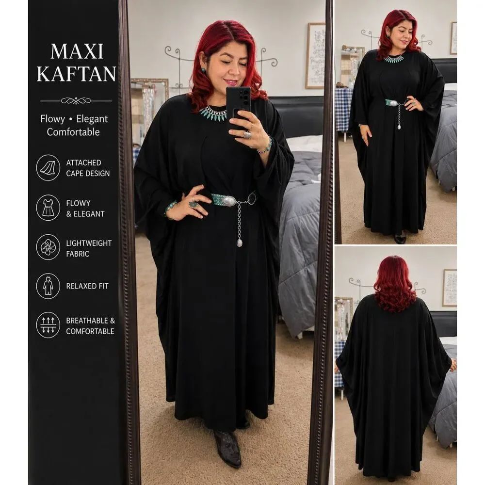 Women'sβBlack Maxi Kaftan Dress Batwing Cape Sleeve Relaxed Fit XL 1X